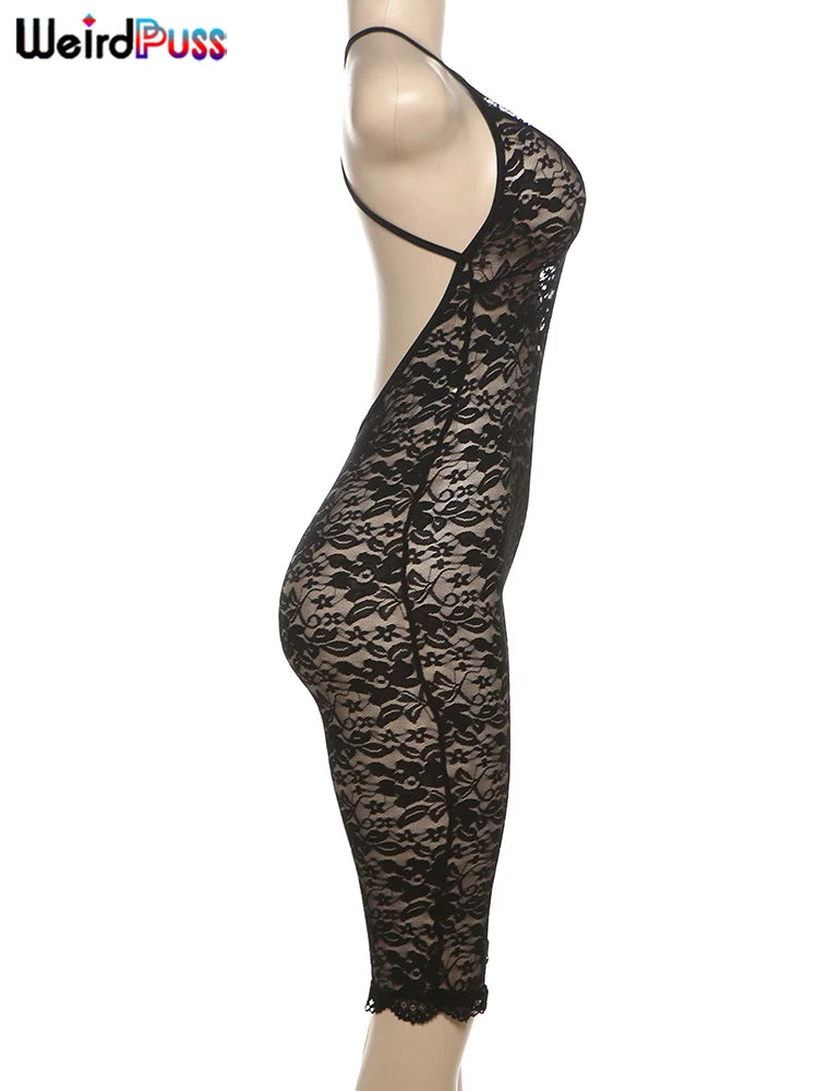 Weird Puss Coquette Playsuit Women Mesh Midnight Backless Sleeveless v-Neck Sexy Summer Hipster Skinny Fitness Stretch Romper