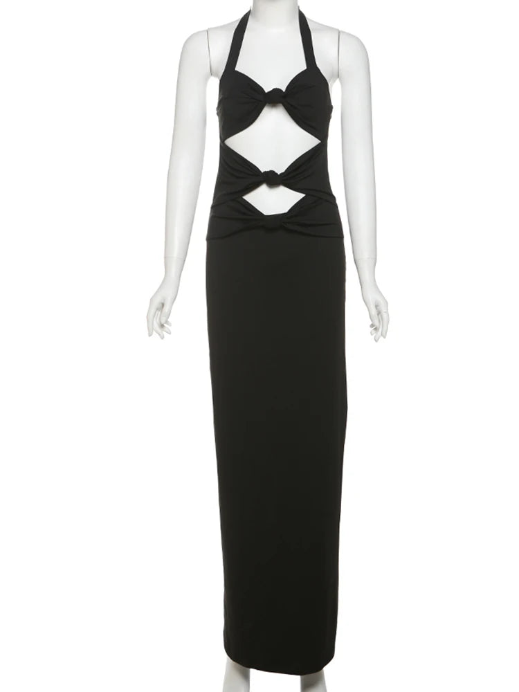 Weird Puss Backless Hollow Dress Women Pleated Sexy Solid Slim Halter Knot Sleeveless Elegant Midnight Clubwear Party Vestidos