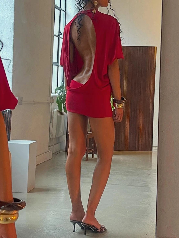 Weird Puss Sexy Backless Mini Dress Women Y2K Solid Trend Style o-Neck Half Sleeve Spicy Girls Street Fashion Skinny Outfits