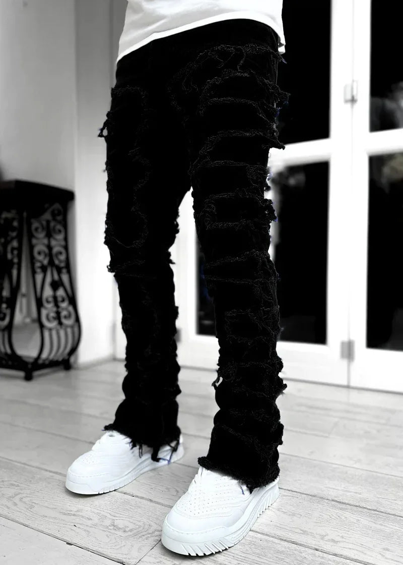 Denim Regular Fit Stacked Jeans Ripped Slim Fit Patch Distressed Destroyed Straight Denim Pants Hip Hop Streetwear Trouser Cloth