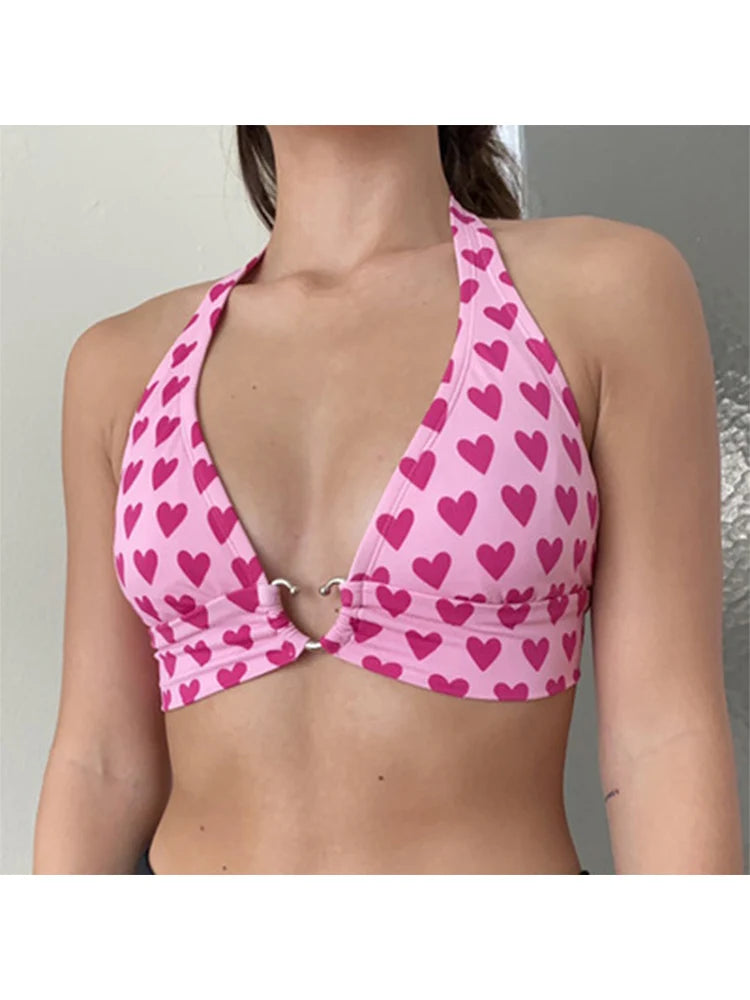 Pink Heart Print Cute Bustier Crop Top Women Aesthetic Kawaii Clothes Sleeveless Backless Lace Up Bralette Camisole