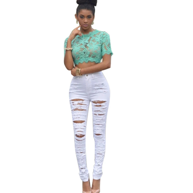 HOLE,  ladies 2025 High Waist Ripped Jeans for female, Skinny Black Pockets Jeans Elastic Slim Jean Female Femme Pants