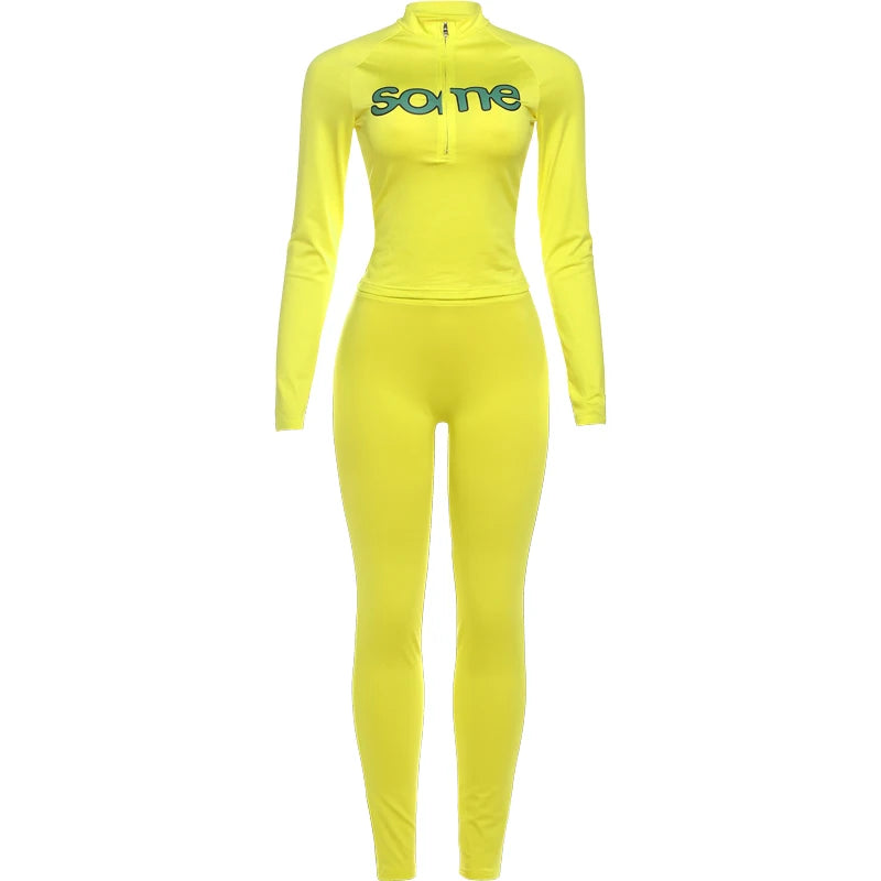 Weird Puss Casual Sporty Women2 Piece Set Letter Print Zip Crop Tops+Leggings Matching Street Stretch Skinny Streetwear Outfits