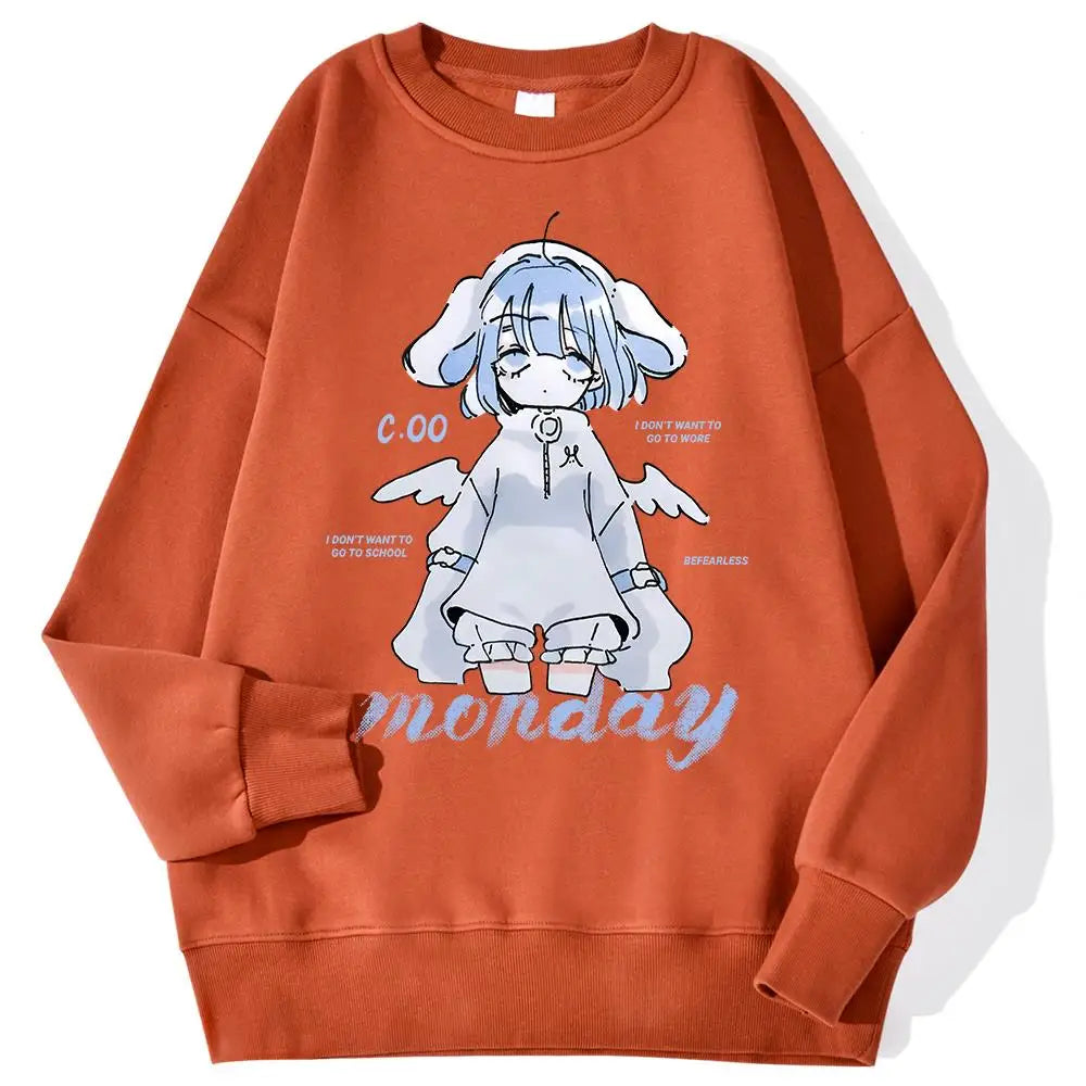 Harajuku Anime Girl Design Womens Sweatshirts Couples Kawaii Hoodie Comfortable Crewneck Clothes All-Match Fleece Streetwear