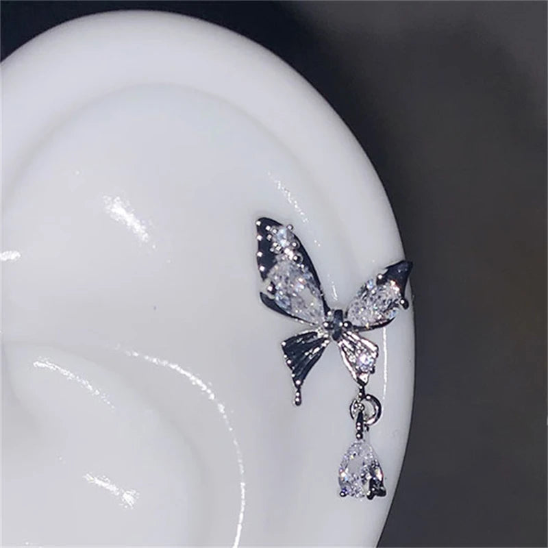 1pcs Silver Color Wing 316L Stainless Steel Ear Bone Nail for Women New Fashion Full of Rhinestone Earrings Accessories for Ear