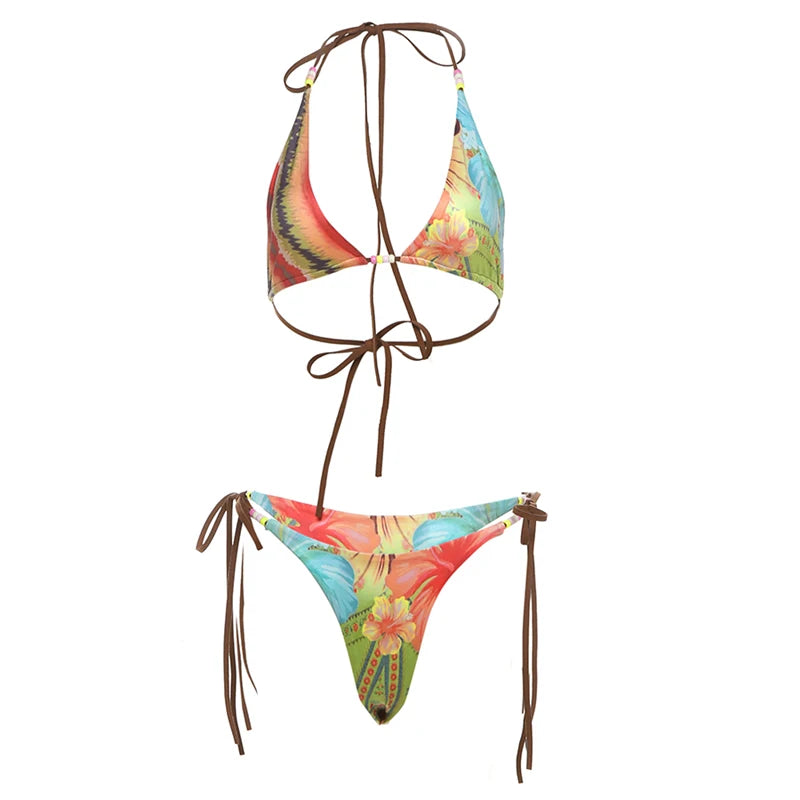 Weird Puss Beach Style Women 2 Piece Set Y2K Vacation Swimsuit Colorful Pearl Halter Bikini Bra+Panties Party Matching Clubwear
