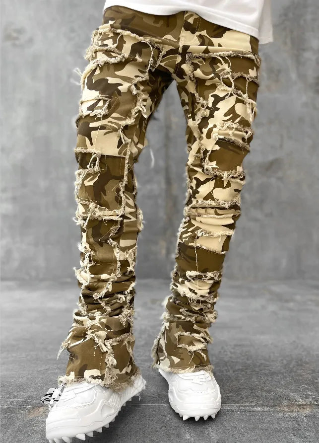 2025 New Men's Stacked Jeans Stretched Patchwork Tassel Damaged Denim Full Length Pants Hip-pop Trousers For Male