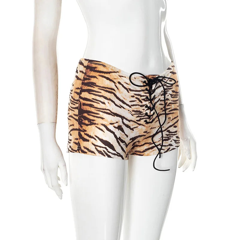 HLJ&GG Fashion American Vintage Style Pattern Print Two Piece Sets Women O Neck Sleeveless Top And Tiger Bandage Shorts Outfits