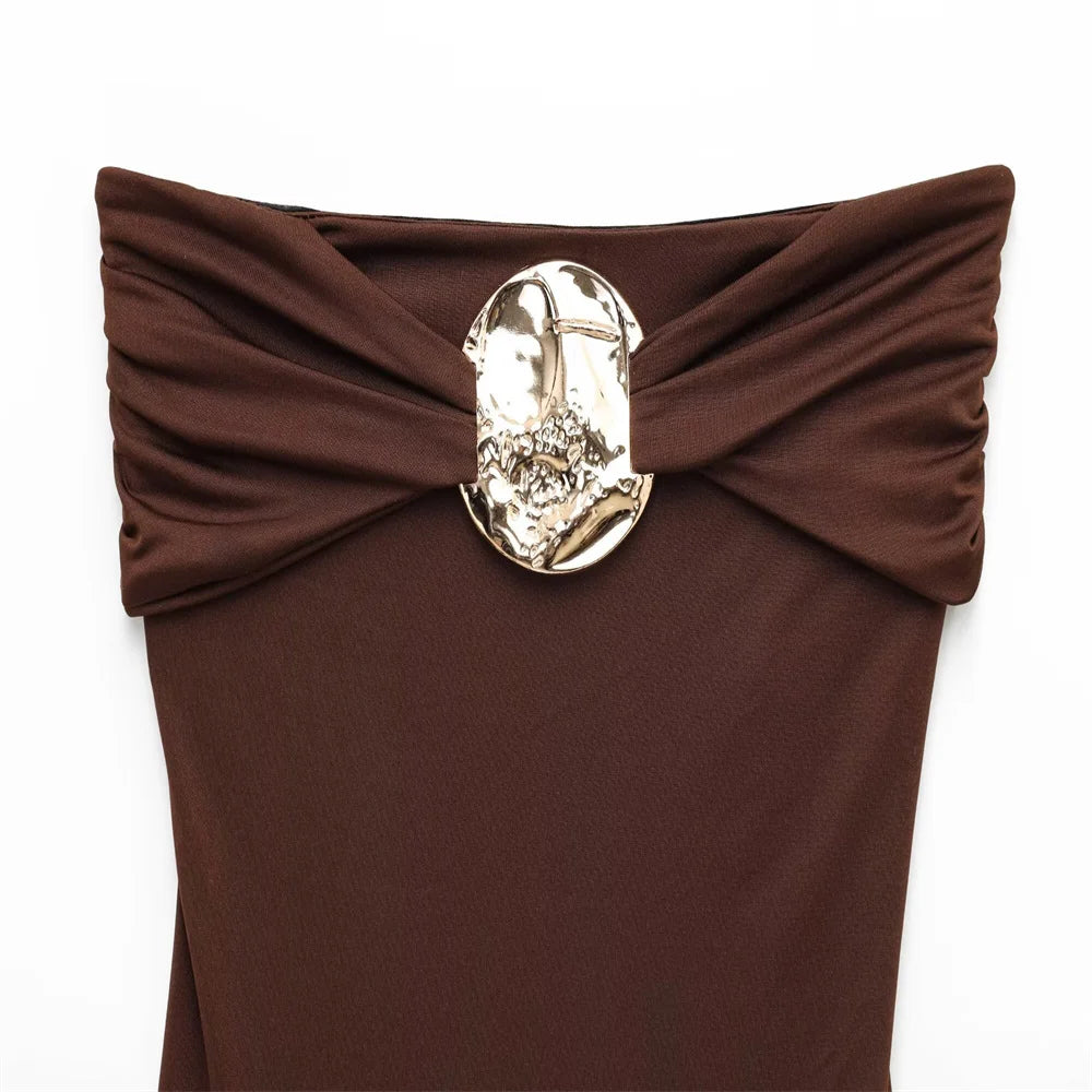 PB&ZA 2025 Women Off Shoulder whole Swimsuit with Decorative Buckle Stylish Black and Brown Design
