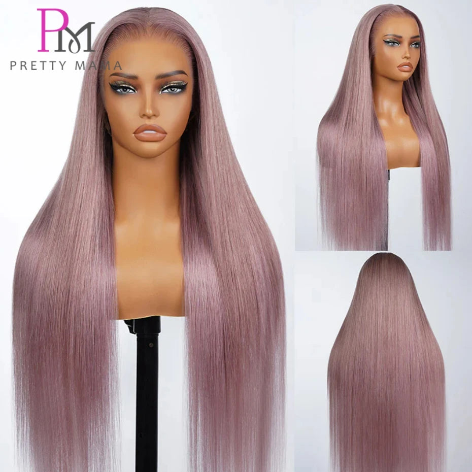 13x6 Ash Purple Pink Human Hair Wig 250 Density Lace Frontal Wig Bone Straight Lace Front Wig Human Hair Rose Gold Colored Wigs