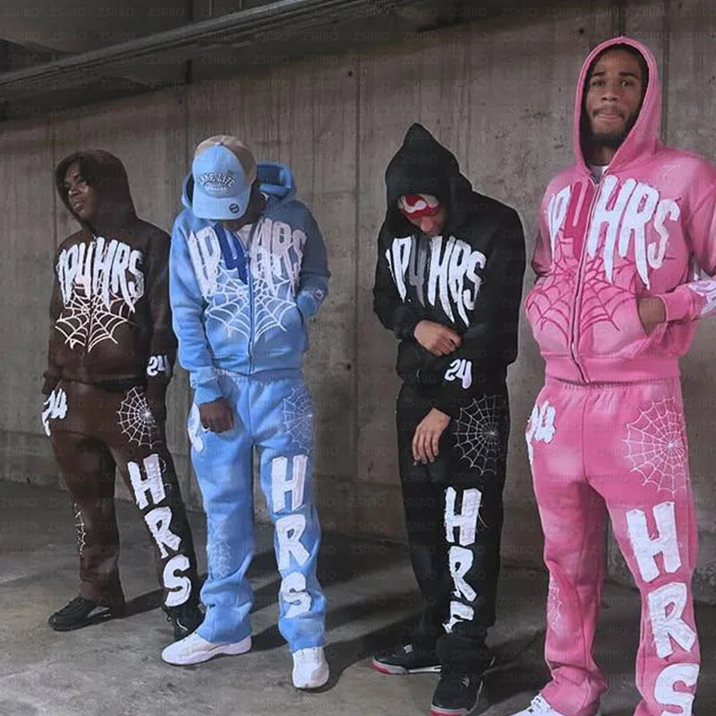 Retro Patch Spider Web Print Zipper Hoodie Y2K Sweatshirt Mens Hip Hop Letter Oversized Hoodie Jacket Clothes Streetwear Jacket