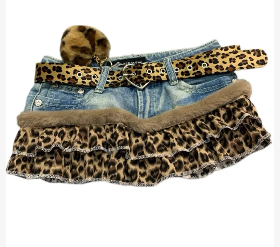 Harajuku Subculture jeans  Leopard Print Splicing Y2k Skirt Kawaii Gothic Mini Pleated Skirt Casual Retro Streetwear Skirts Women