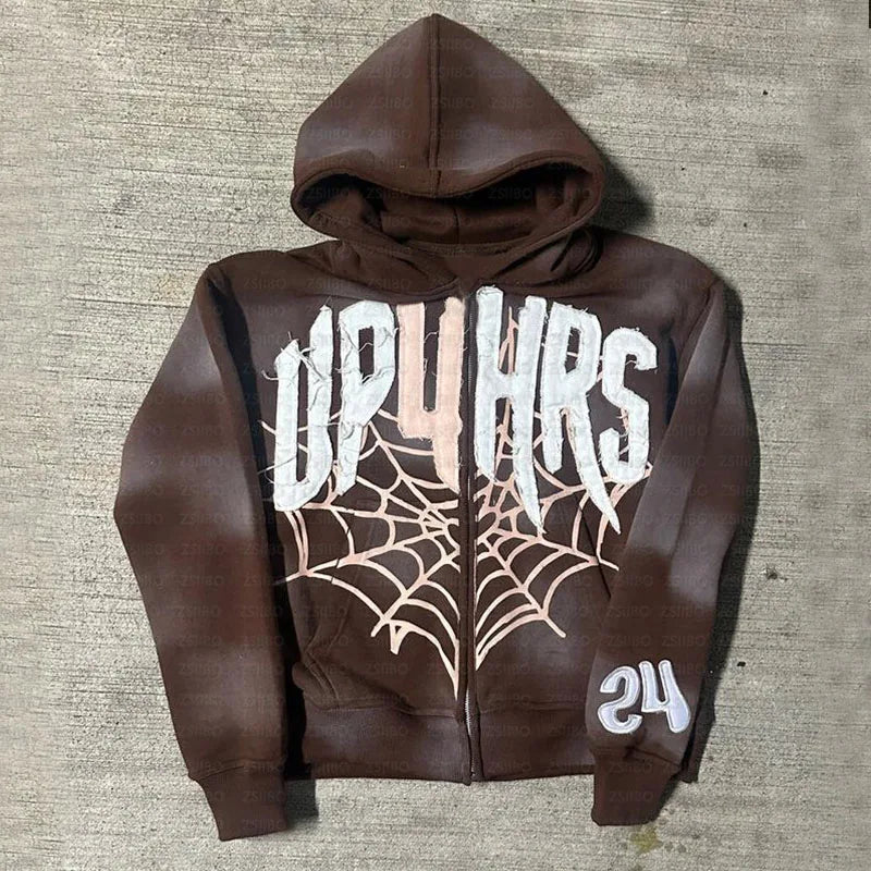 Retro Patch Spider Web Print Zipper Hoodie Y2K Sweatshirt Mens Hip Hop Letter Oversized Hoodie Jacket Clothes Streetwear Jacket