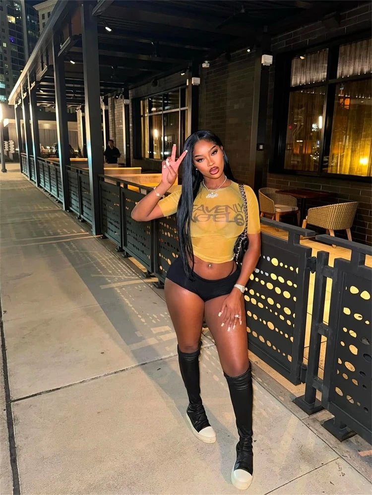 STYLISH LADY Letter Printed Mesh T Shirts 2025 Summer Women Short Sleeve O Neck See Through Sexy Club Party Street Tops Tees