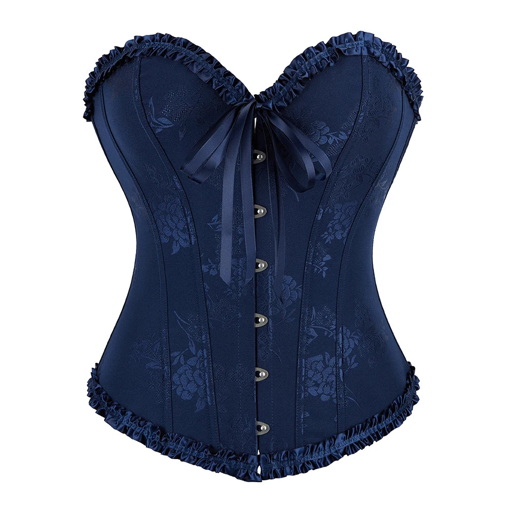 Women Floral Overbust Corset Waist Bustier Top Black White Red Blue Korset Shaper