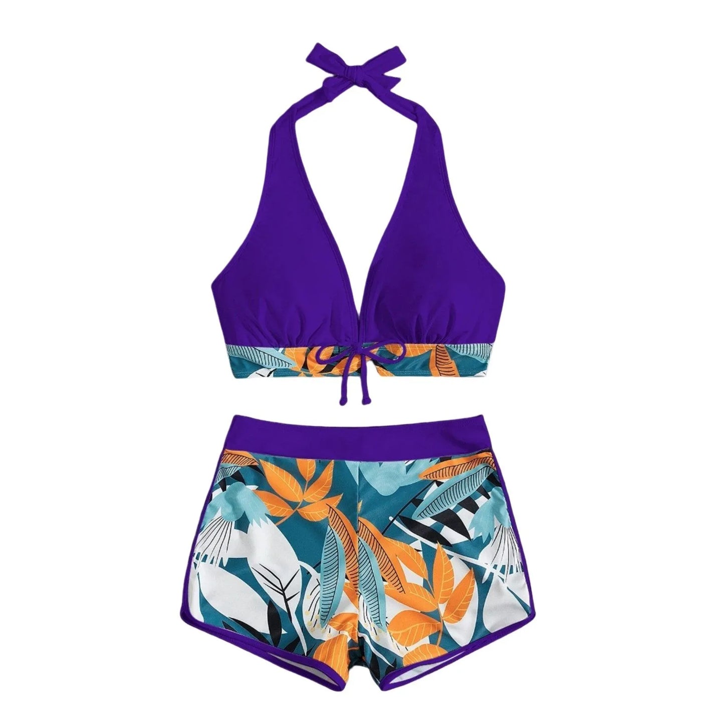 Shorts Bikinis Set  High Waist Swimsuit Women Swimwear  Plant Print Bathers Bathing Swim Suit Beachwear