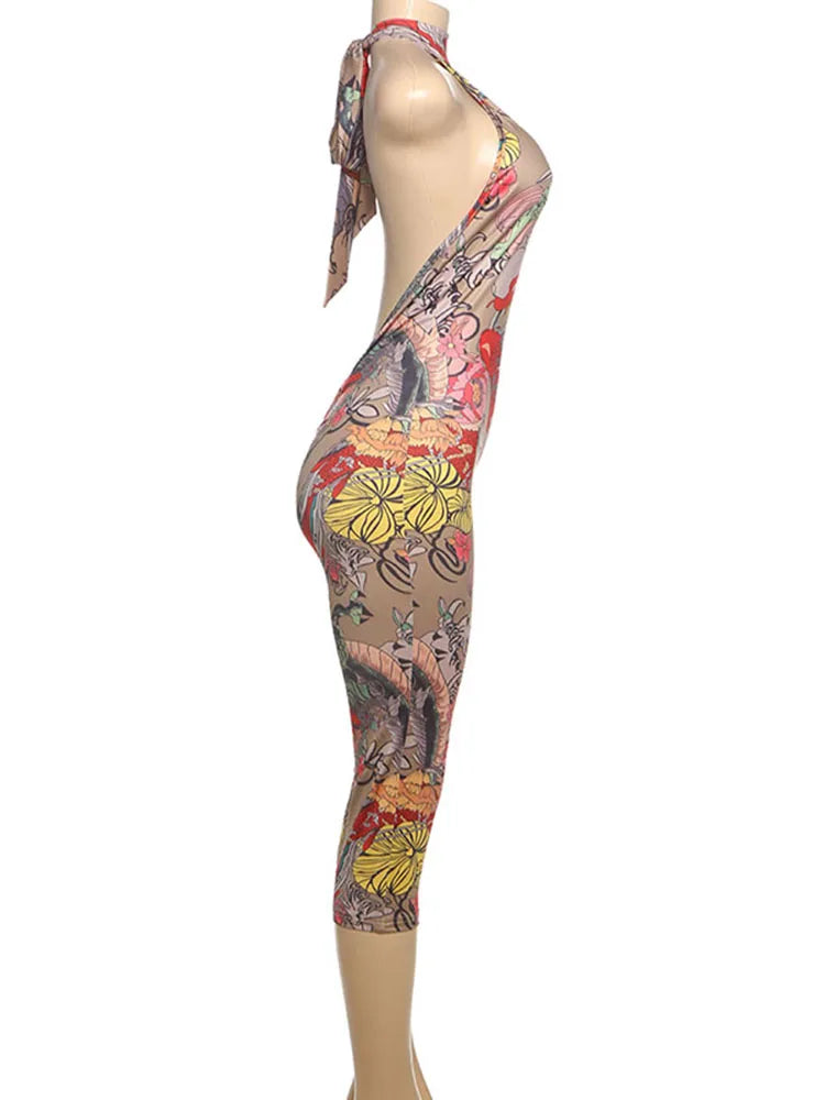 Weird Puss Colorful Print Romper Women Halter Bandage Summer Sexy Hipster Backless Activity Workout Fit Tight Stretch Playsuits