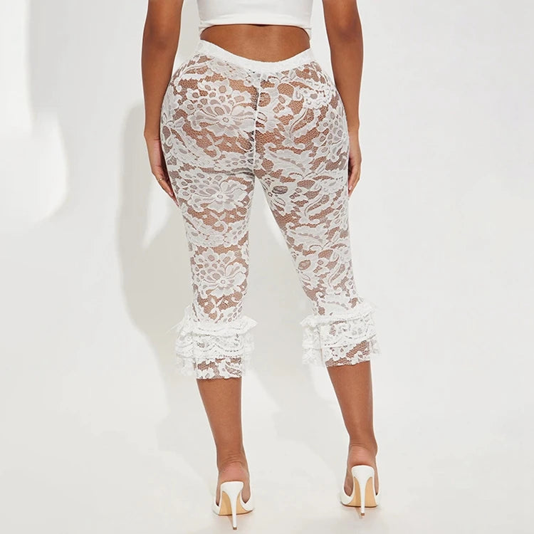Lace Knee Length Pants, Summer Women Midi Waist Hollow Out Sexy Club Party See Through Leggings Pants