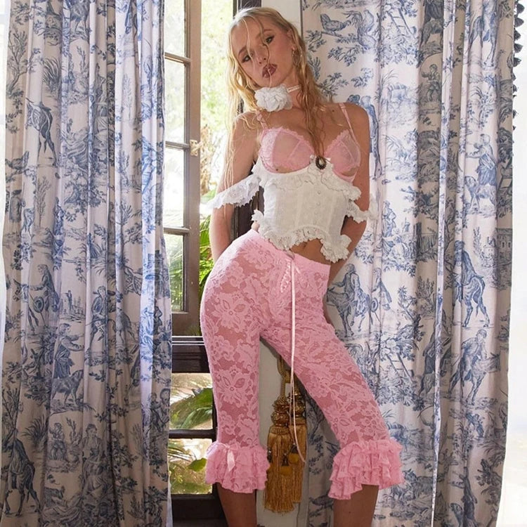 Lace Knee Length Pants, Summer Women Midi Waist Hollow Out Sexy Club Party See Through Leggings Pants