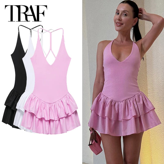 Women's Dresses 2025 Halter Pink Mini Dresses Chic v Neck Layer Ruffles Hem Dress A Line Vestido Summer Ladies Street Party Wear