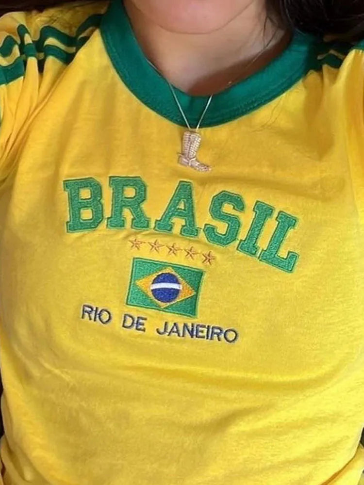 Aesthetic BRASIL Letter Print T-Shirt and Shorts Suit, Vintage Grunge  Short Sleeve Baby Tees, Summer Crop Top Y2k Clothe