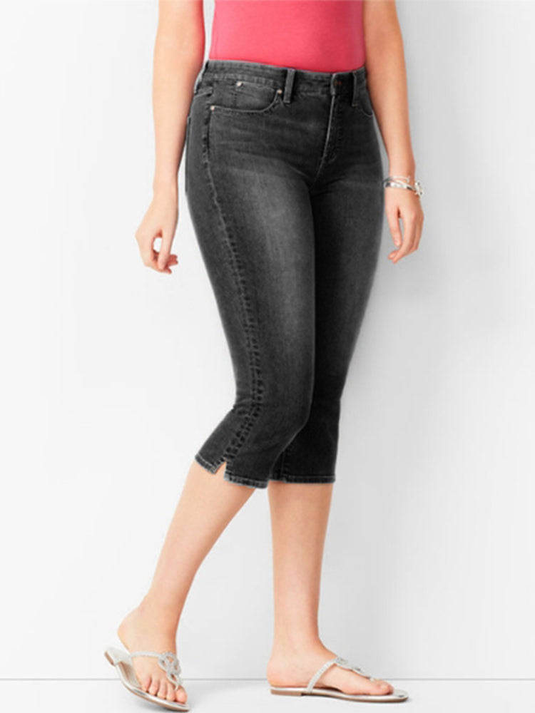 Knee Length Jeans female Elastic High Waist Mom Jeans Oversize