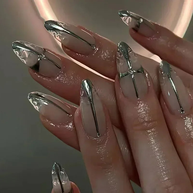 24pcs French Almond Press on Nails Leopard Print False Nails 3D Bow Wearable Stick-on Nails Fake Nail Uñas Накладные Ногти 네일팁
