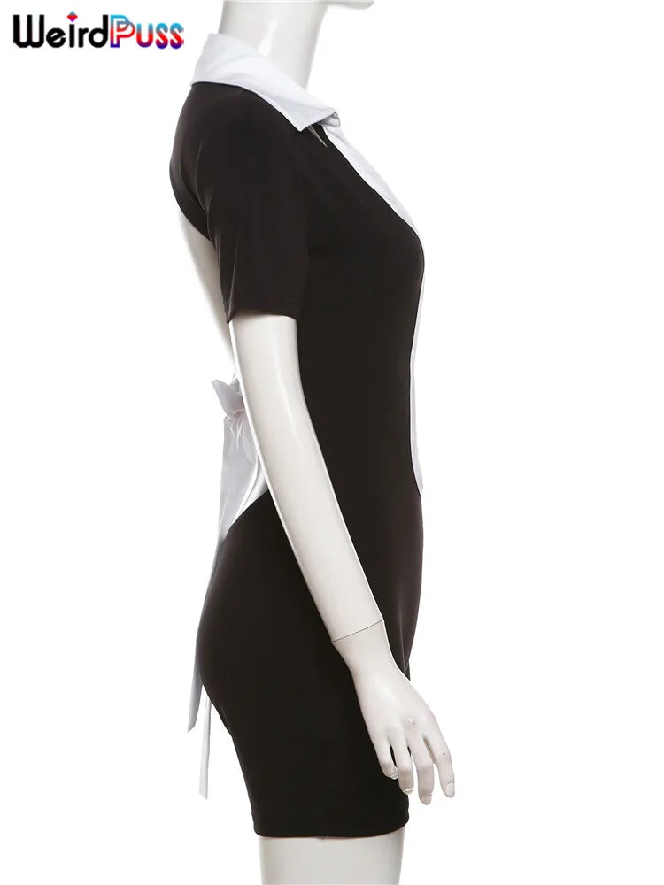 Weird Puss Backless Bandage Romper Women Sexy Polo-Neck Short Sleeve Stretch Fitness Playsuit Skinny Streetwear Hipster Overalls