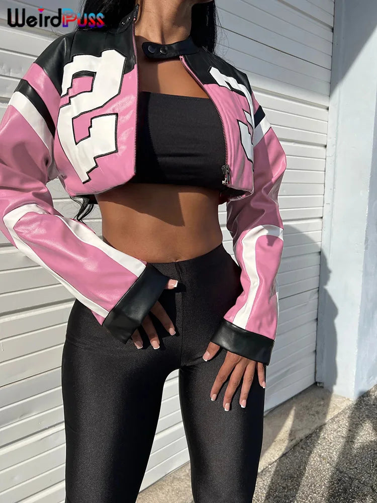 Weird Puss Faux Leather Women Jacket Hipster Letter Print Autumn Trend Casual Sporty Wild Streetwear Uniform Varsity Crop Coat