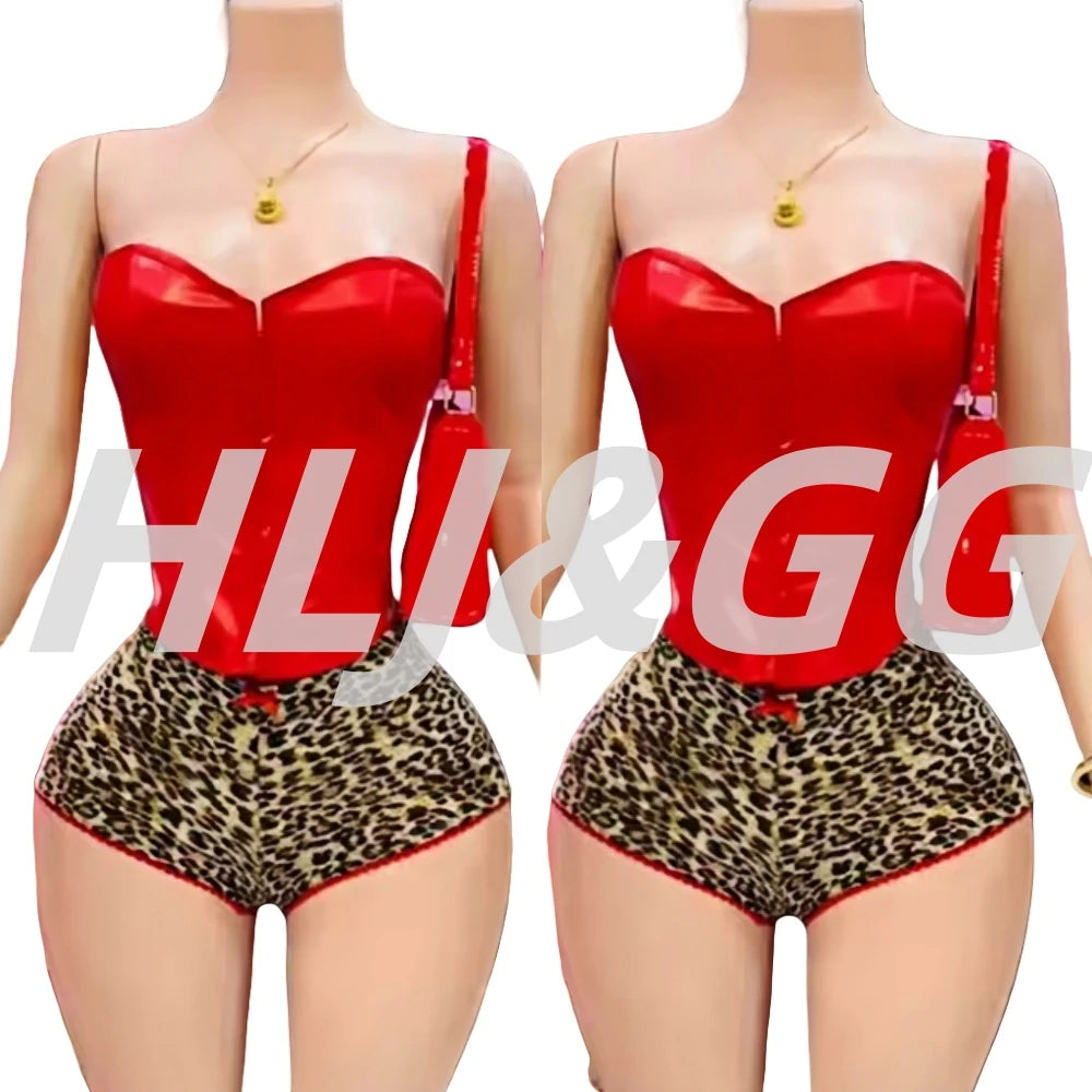HLJ&GG Sexy Glossy Leather Two Piece Sets Women Off Shoulder Slim Crop Top+Leopard Shorts Outfits Fashion Y2K Streetwear