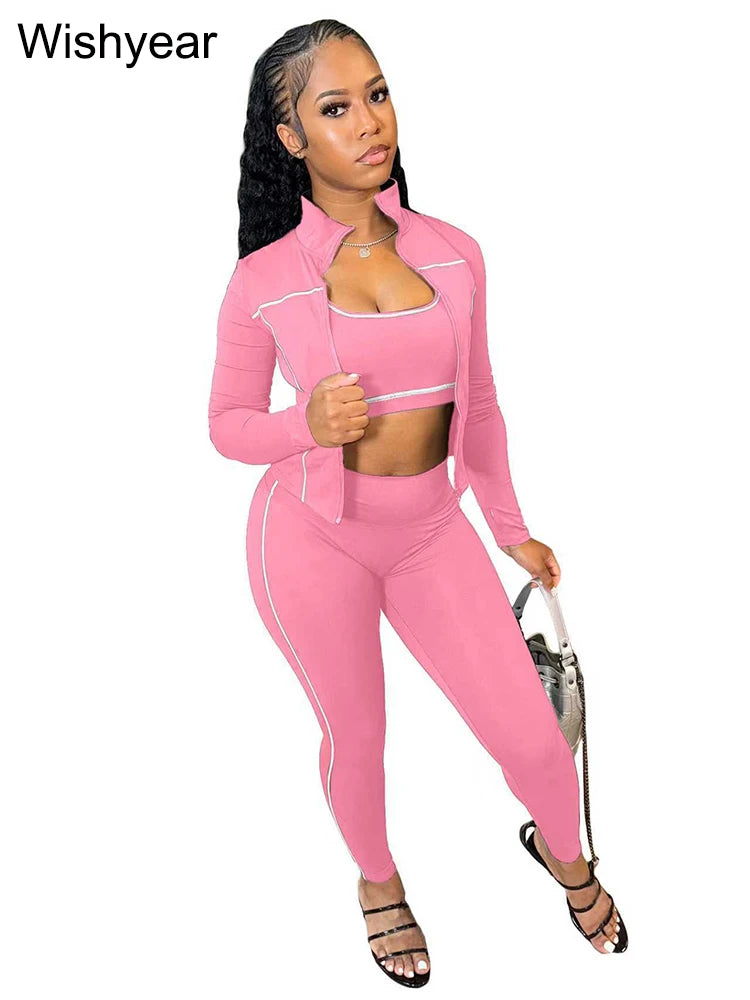 Sports Women's Stripe Pink 3-Piece Pants Set Long Sleeve Crop Top Tank Leggings Skinny Autumn Active Fitness Streetwear Outfits