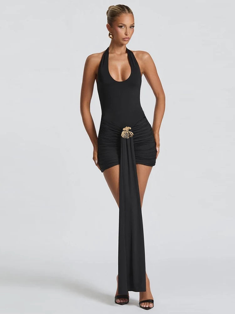 Weird Puss Metal Ribbon Dress Women Y2K Elegant Summer Halter Bandage Folds Peach Buttocks Backless Skinny Sexy Midnight Bodycon
