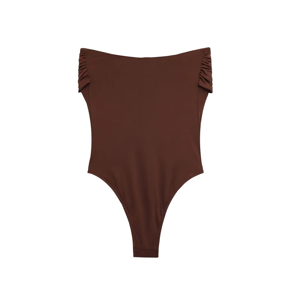 PB&ZA 2025 Women Off Shoulder whole Swimsuit with Decorative Buckle Stylish Black and Brown Design