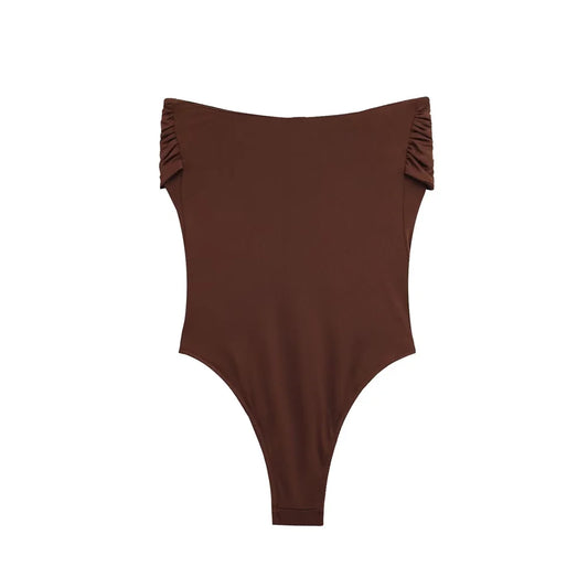 PB&ZA 2025 Women Off Shoulder whole Swimsuit with Decorative Buckle Stylish Black and Brown Design