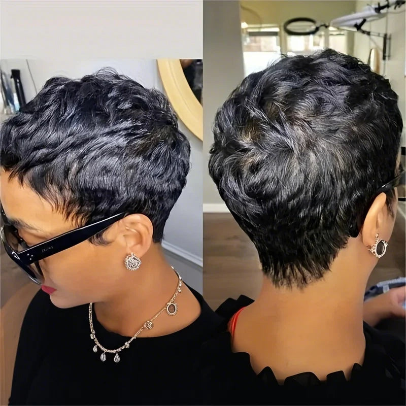 6inch Short Pixie Cut Straight Wig 100% Human Hair for Women Machine Made with Pre-Styled Bangs Tangle-Free Natural Hairline