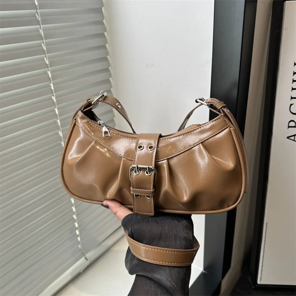 Retro Designer Buckle Armpit Bag Pu Leather Gothic Y2k Shoulder Bag Vintage Cross Body Spicy Girl Handbag Female