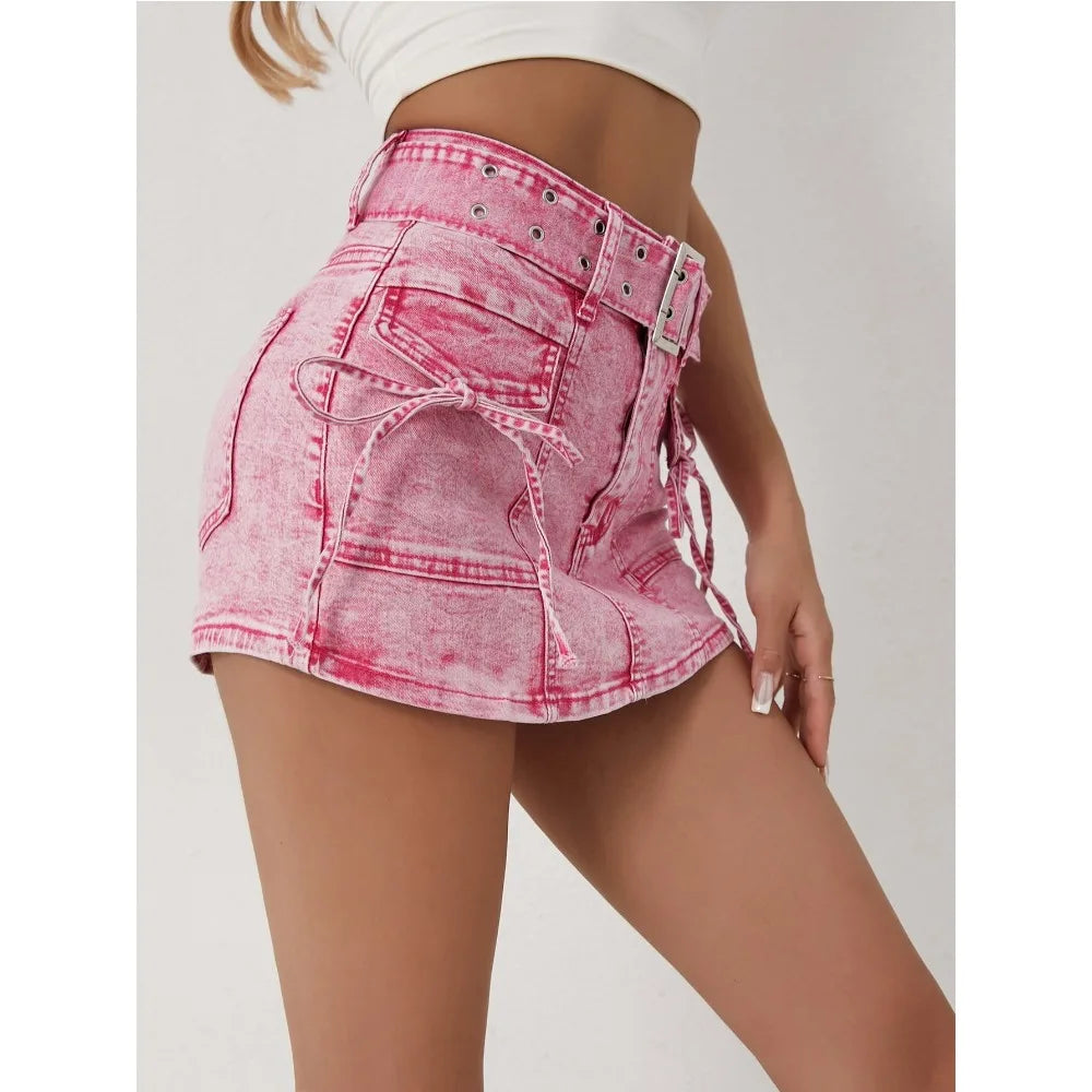 2025 New Women's High waist jeans shorts Belt Buckle with Covered Fake Pocket Front Lace Up jeans Short