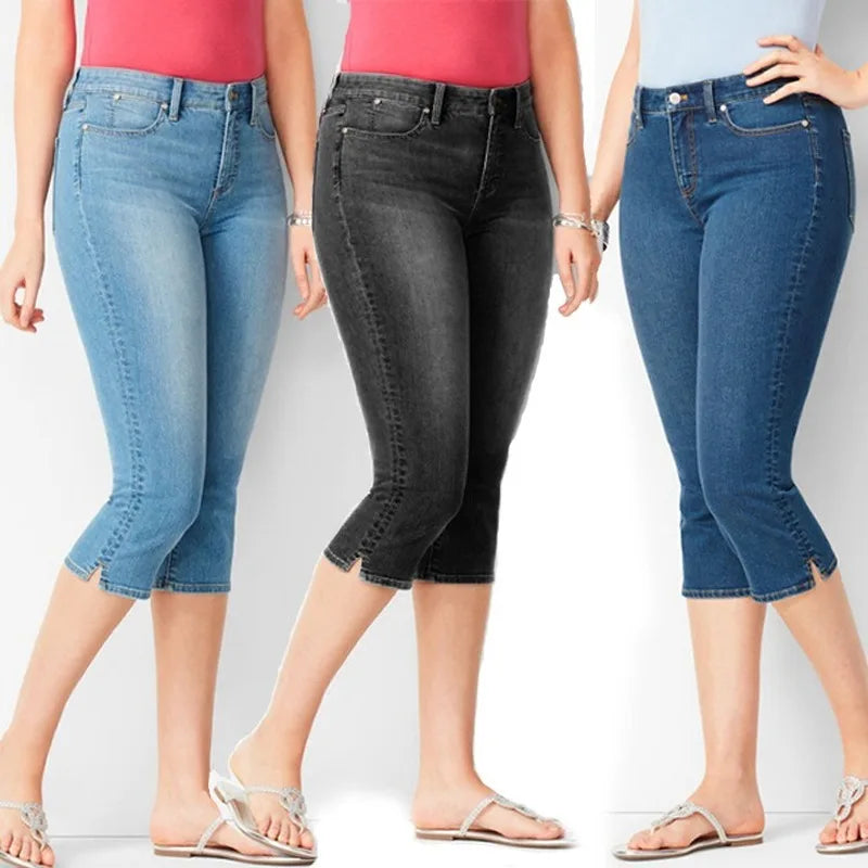 Knee Length Jeans female Elastic High Waist Mom Jeans Oversize