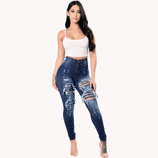 HOLE,  ladies 2025 High Waist Ripped Jeans for female, Skinny Black Pockets Jeans Elastic Slim Jean Female Femme Pants