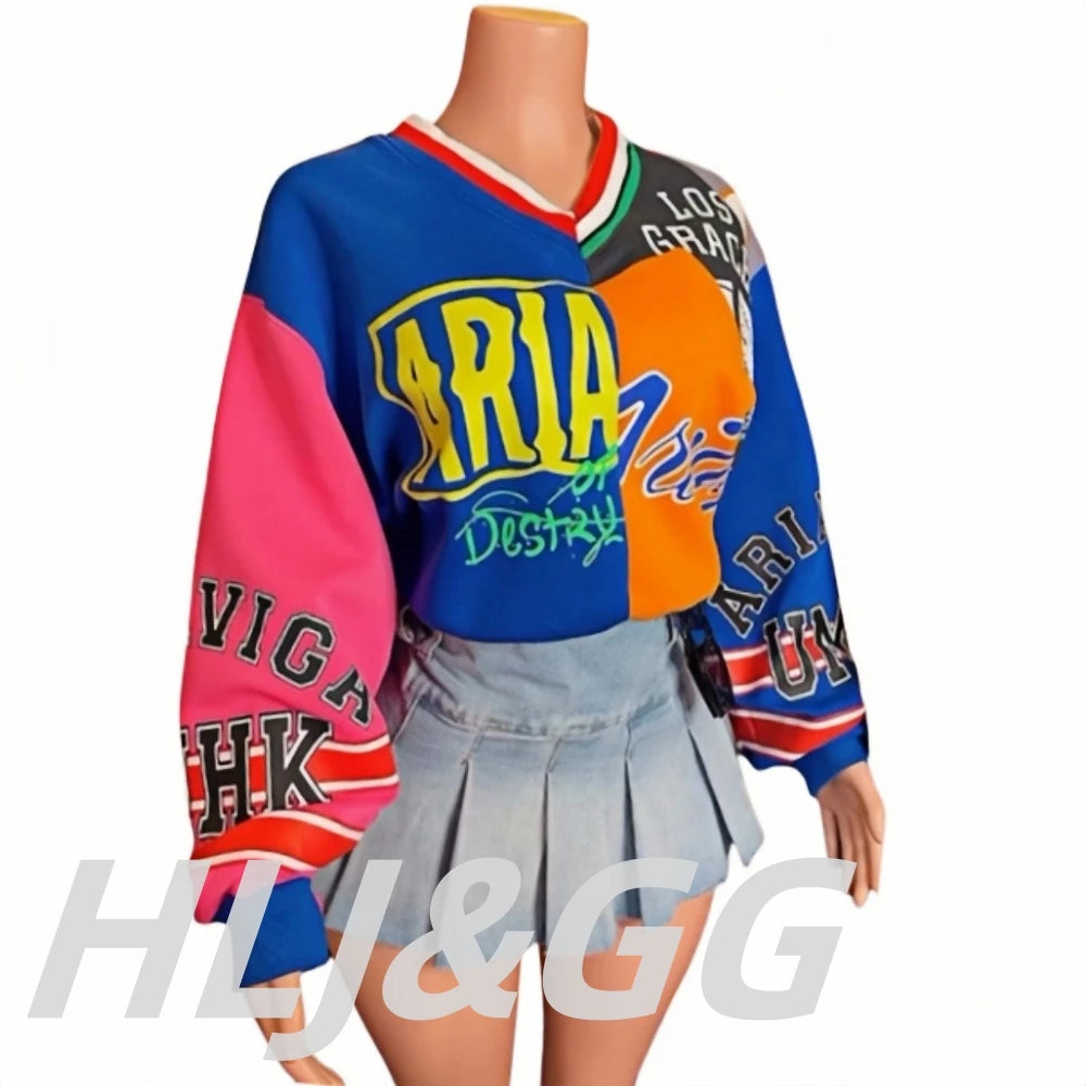 HLJ&GG Fashion Letter Graffiti Print Pullover Two Piece Sets Women V Neck Long Sleeve Loose Top + Pleated Mini Skirts Streetwear