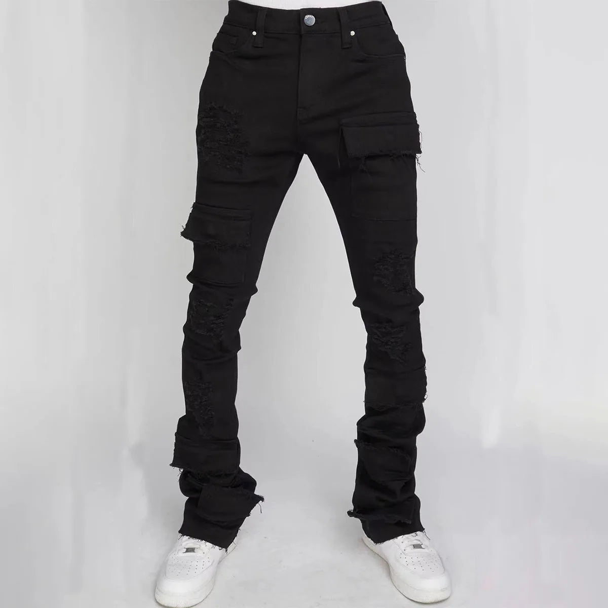 Jeans Long Pant Denim Flare Pants Hole Straight Trousers Slim Fit High Waist Casual Button Pocket Splice Autumn Winter, men's jeans