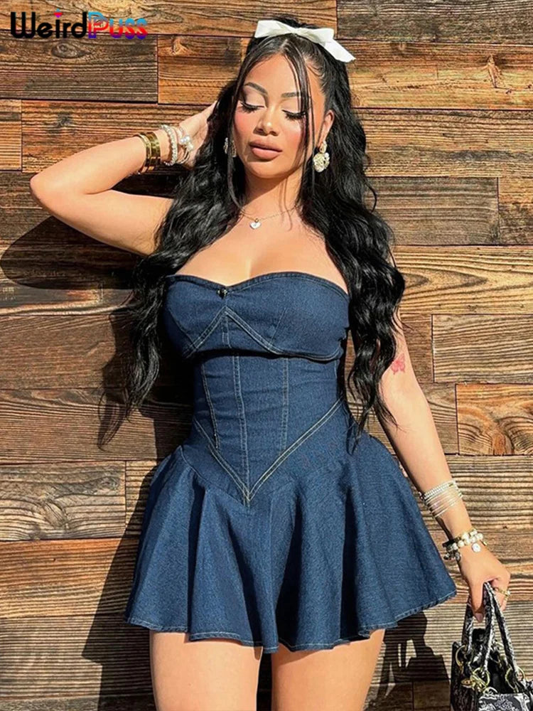 Weird Puss Fake jeans Strapless Sexy Dress Women Summer Trend Skinny Hipster Fashion Concert Birthday Party Clubwear Y2K Bodycon