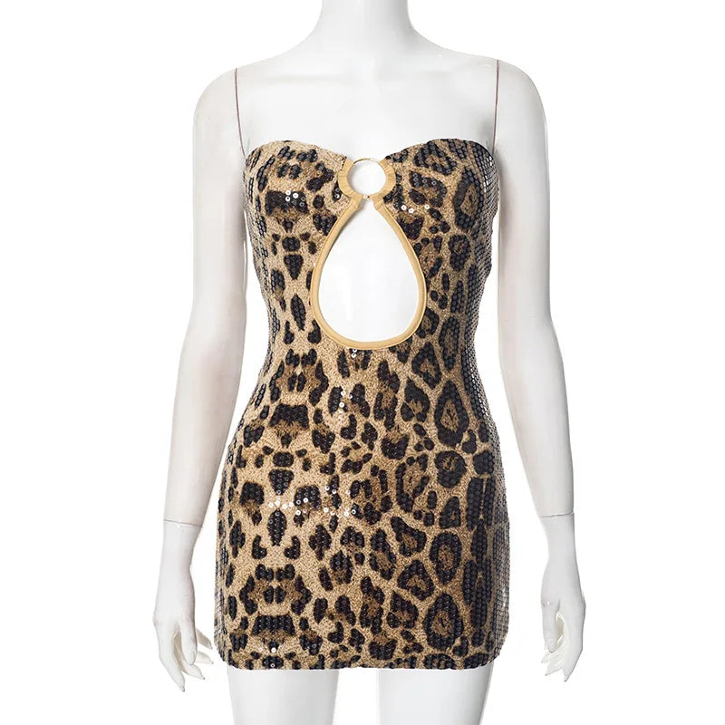 HLJ&GG Y2K Fashion Leopard Sequined Shorts Two Piece Sets Women Letter Print Round Neck Slim Crop Top And Shorts Outfits 2025