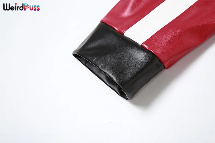 Weird Puss Faux Leather Women Jacket Hipster Letter Print Autumn Trend Casual Sporty Wild Streetwear Uniform Varsity Crop Coat