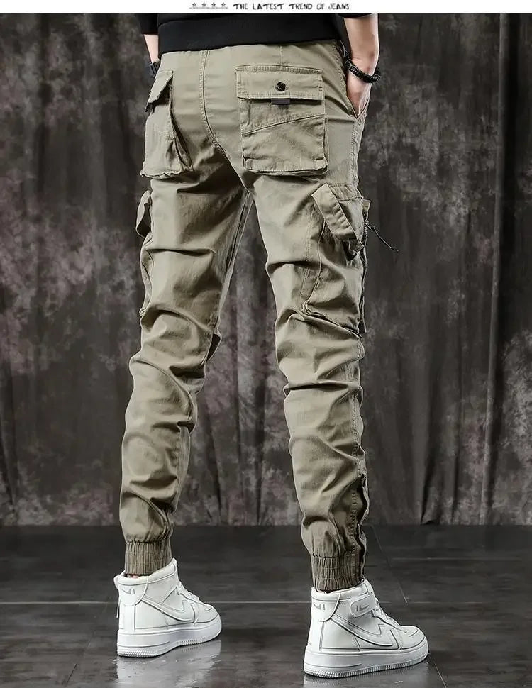 Trendy Men's Spring Autumn Cargo Pants Slim Fit Casual Style Loose Fit American Style Multiple Pocket Small Foot Pants Black