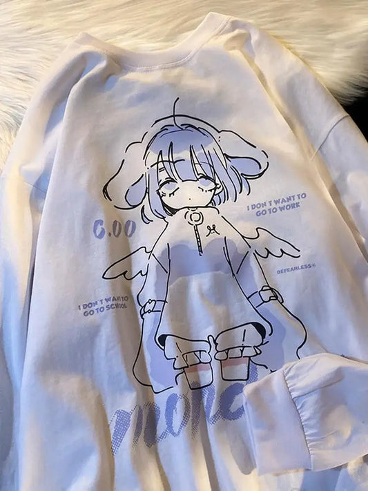 Harajuku Anime Girl Design Womens Sweatshirts Couples Kawaii Hoodie Comfortable Crewneck Clothes All-Match Fleece Streetwear