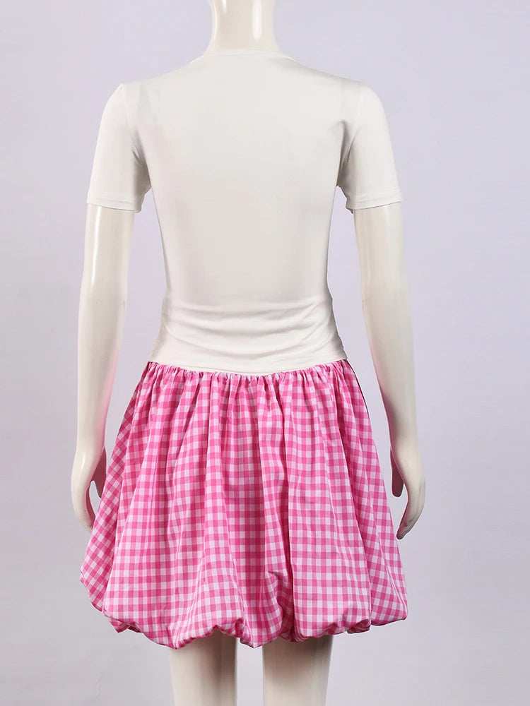 Kricesseen Cute Girls Sweety Bow-Tiw Tee Tops And Plaid Ruffles Skirt Set Two-Piece Pink Holiday Outfits