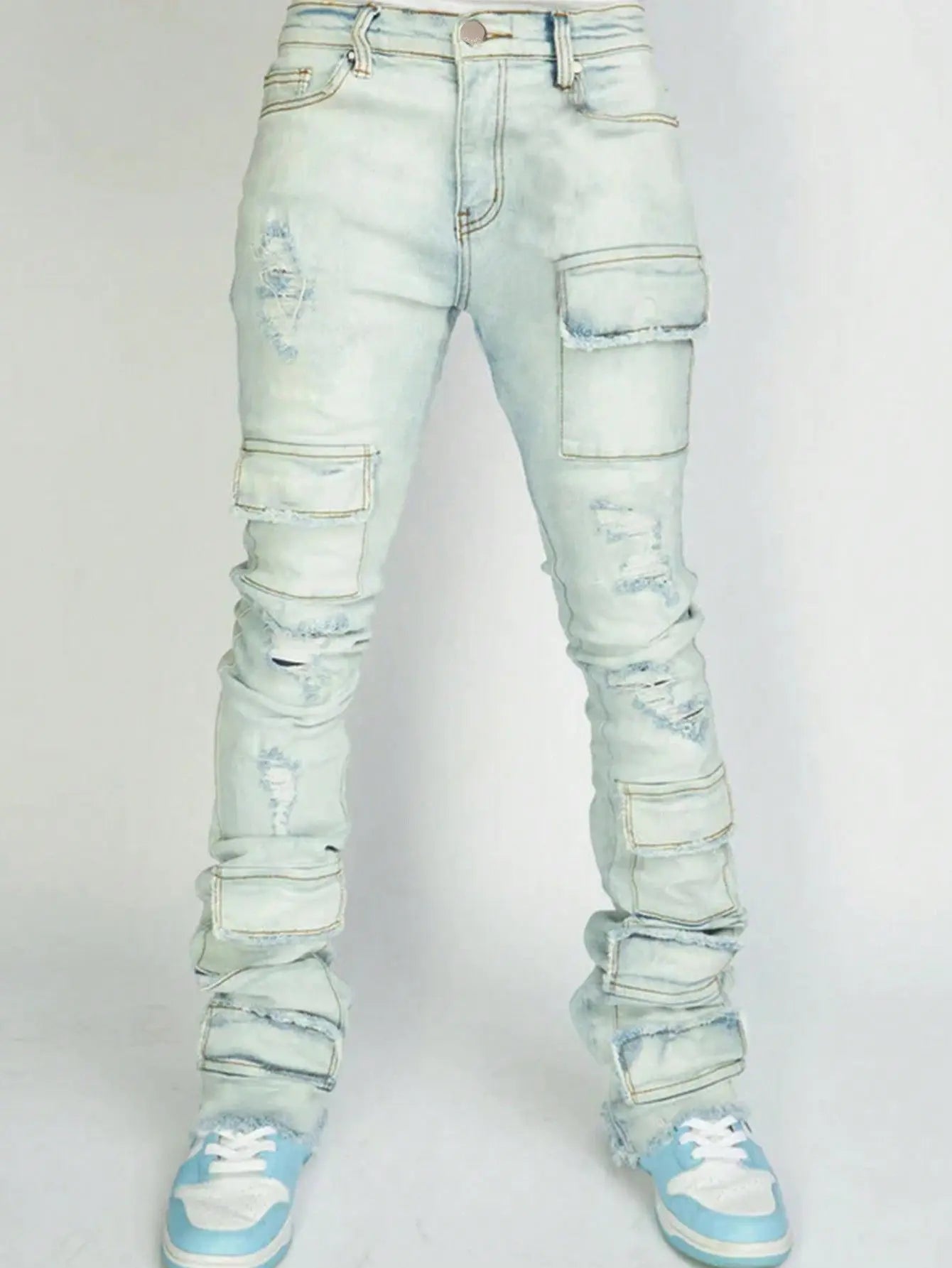 Jeans Long Pant Denim Flare Pants Hole Straight Trousers Slim Fit High Waist Casual Button Pocket Splice Autumn Winter, men's jeans