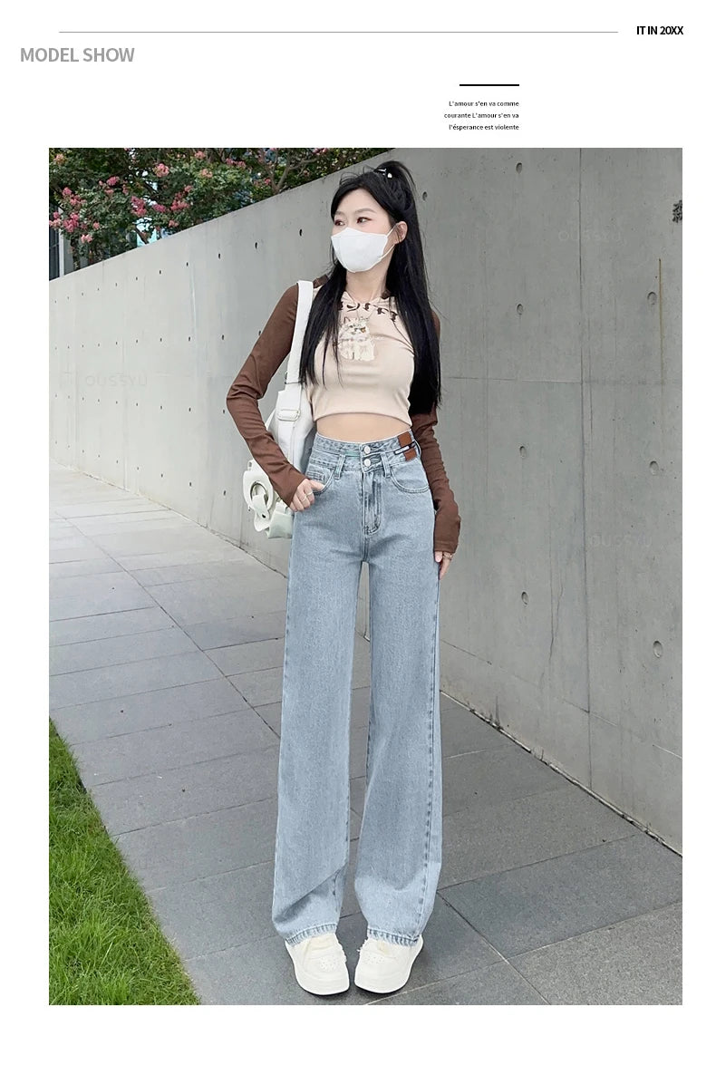 OUSSYU Woman Jeans High Waist Straight Wide Leg Cotton  Clothing Blue Streetwear Vintage Fashion Harajuku Women Trousers