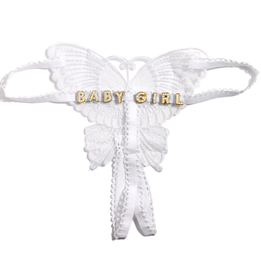 Sexy Butterfly Lace Panties Custom Name Crystal Letter Underwear Thong Transparent Lingerie Personality Girls Intimates Gift